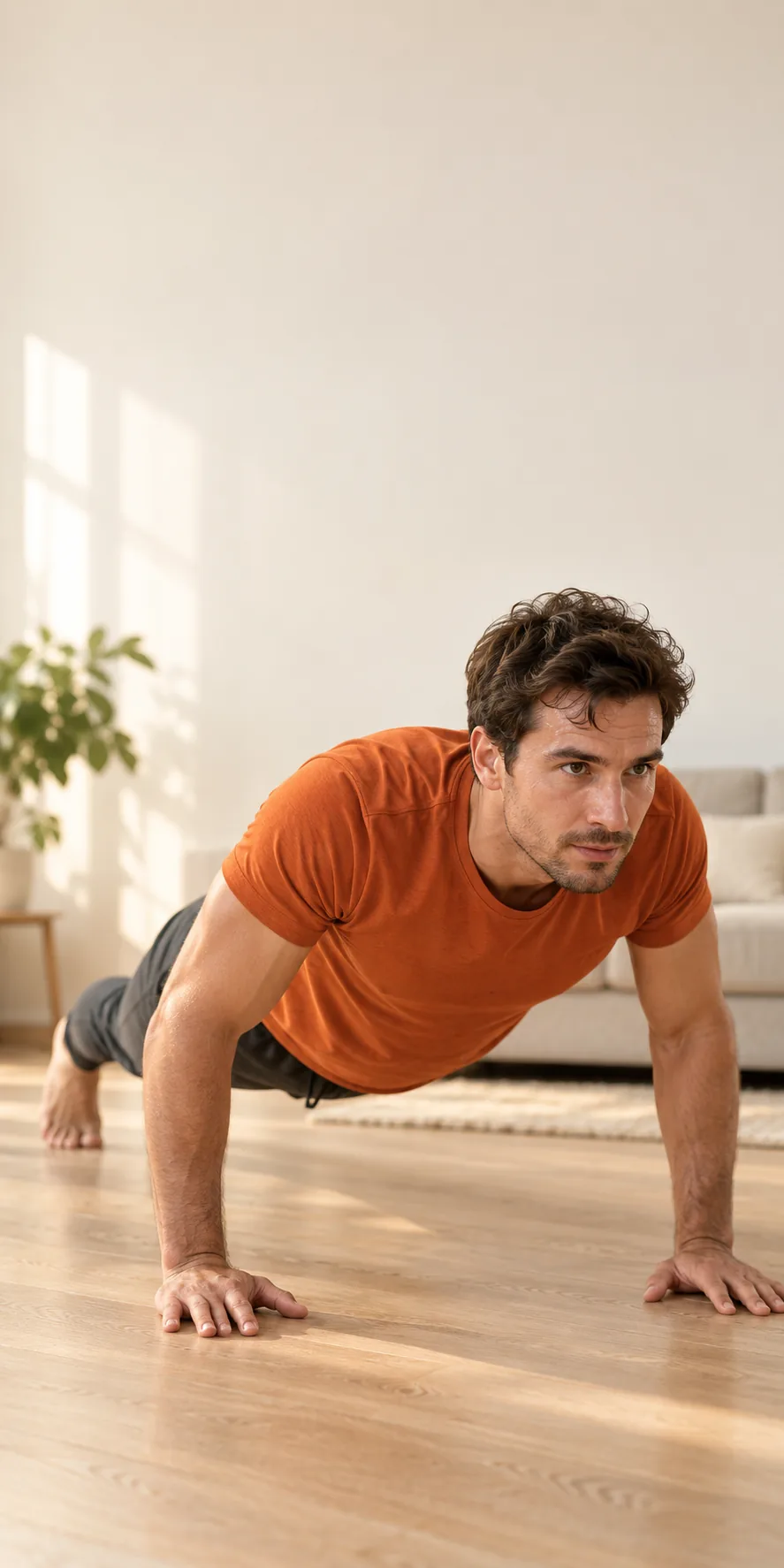 A man doing push-ups in his living room